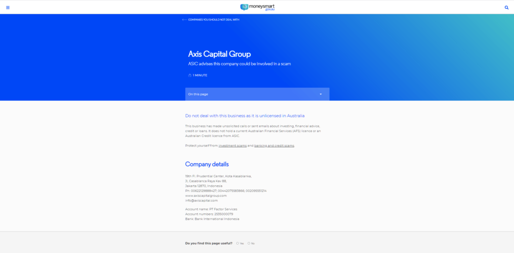 ASIC Warning Axis Capital Group